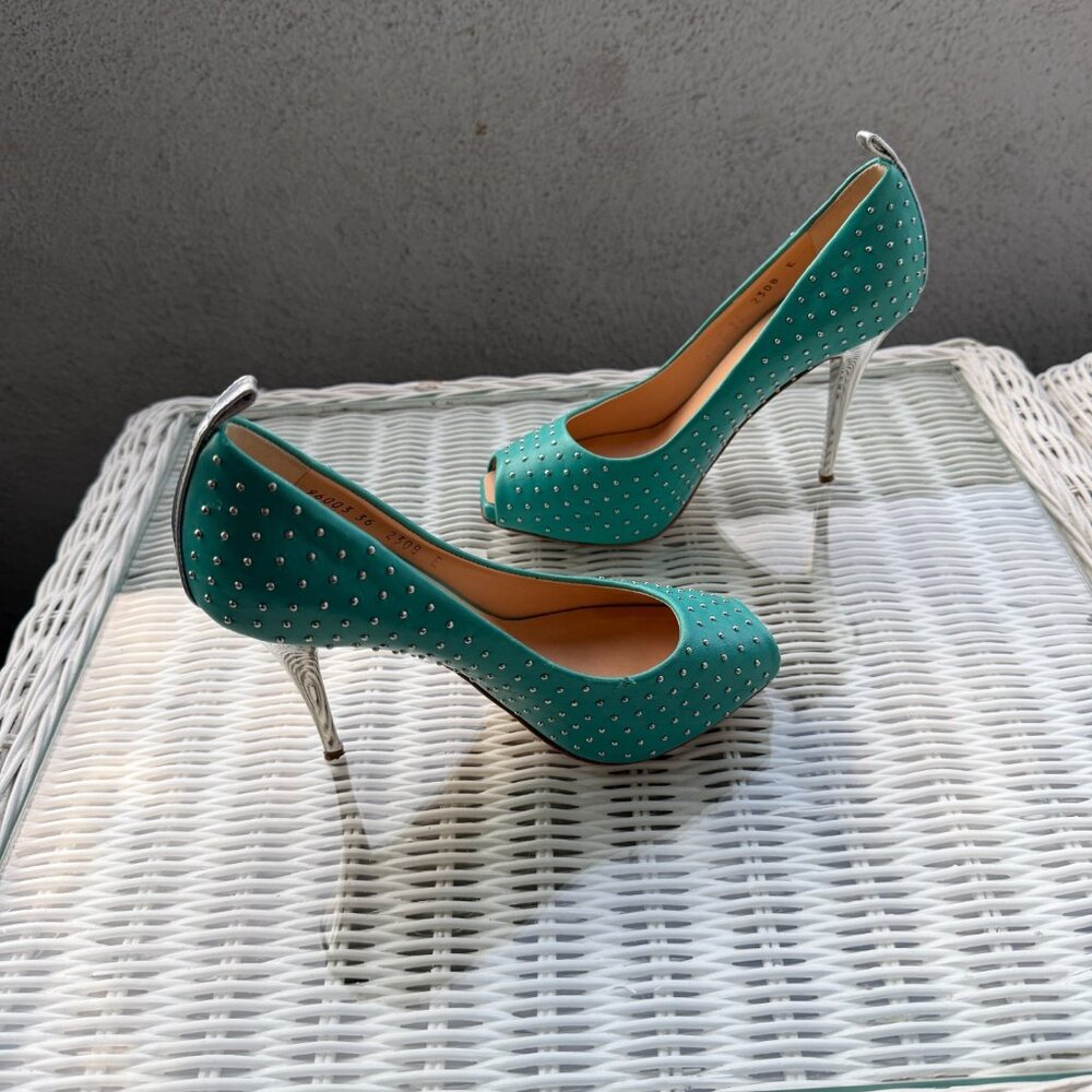 Giuseppe Zanotti Green Studded Peep Toe Heels Size 6 - Picture 3 of 7